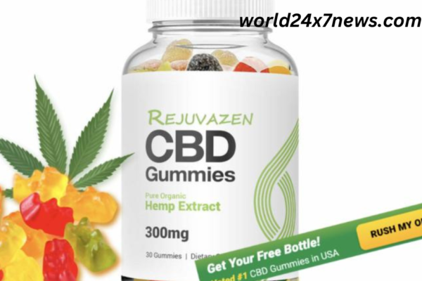 A bottle of Rejuvazen CBD Gummies, proudly made in the USA. Each gummy, infused with hemp-derived CBD, promises relaxation and wellness. Embrace the benefits: calmness, pain relief, focus, improved sleep, and smoking cessation aid. Your path to a balanced life starts with Rejuvazen.