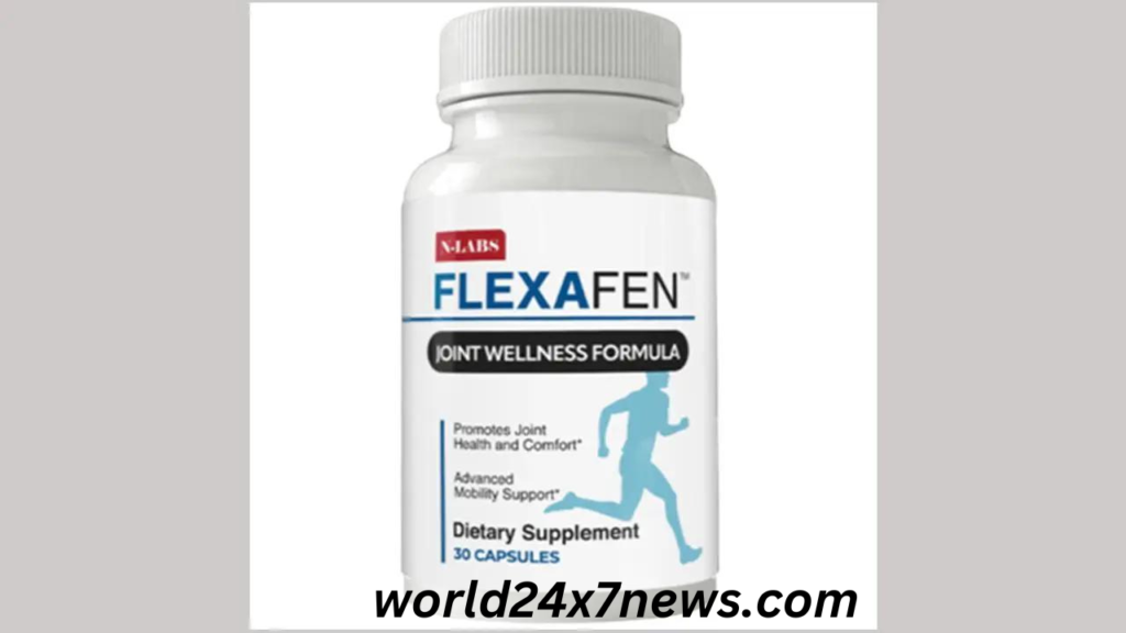 A bottle of Flexafen, the innovative joint health supplement, showcasing its unique formulation. "Flexafen Reviews" is prominently displayed, emphasizing its natural ingredients supporting synovial fluid and collagen for improved joint health.