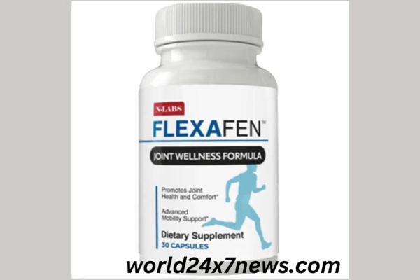 A bottle of Flexafen, the innovative joint health supplement, showcasing its unique formulation. "Flexafen Reviews" is prominently displayed, emphasizing its natural ingredients supporting synovial fluid and collagen for improved joint health.