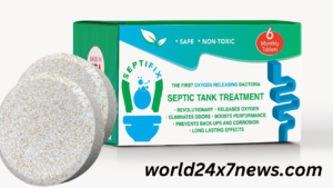 The image shows how Septemberifix tabs are used to release oxygen bubbles into the sewage tank. The tablet, with its 55-gram composition and 14 strains of bacteria, actively cleans the tank, reducing odors and the need for pumping. A user friendly, nontoxic solution for optimal maintenance of the septic system.